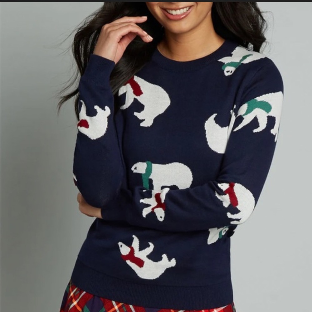 ModCloth Sweater Navy Blue Polarbear With Scarves Novelty Print Model Size 2X